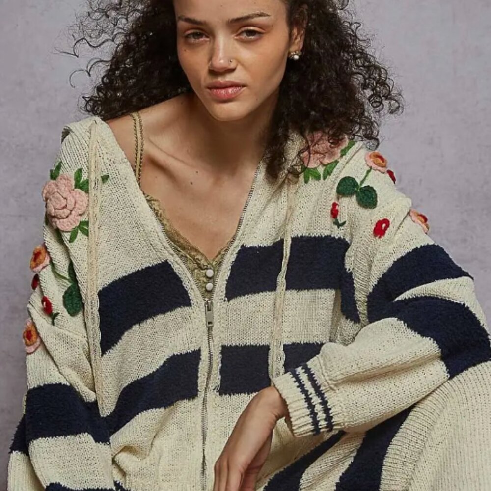 POL Cream and Navy Striped Cardigan with Floral Accents